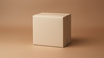 Minimalist cardboard package box on a smooth brown gradient background, ample copy space above, modern commercial style, sharp focus, studio lighting