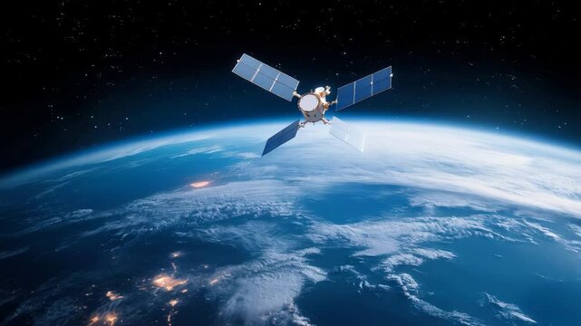 Movement of a space artificial satellite of the earth in the dark starry sky. Navigation technologies, satellite communications. Open space