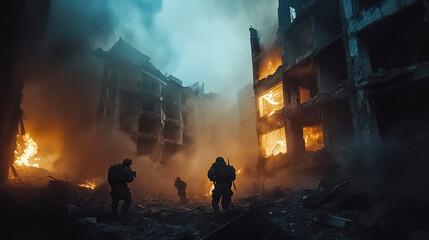 Obraz premium Smoke-Filled Streets with Soldiers Advancing in Urban Combat
