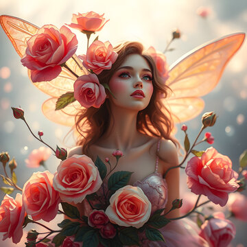 Una divina hada con precioso rostro con enormes alas,rodeadas de lindas rosas