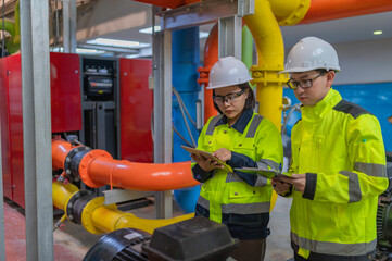 Maintenance technician at a heating plant,Petrochemical workers supervise the operation of gas and oil pipelines in the factory,Engineers put hearing protector At room with many pipes