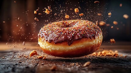 A dynamic explosion of a chocolate frosted donut, with sprinkles and crumbs flying off in different...