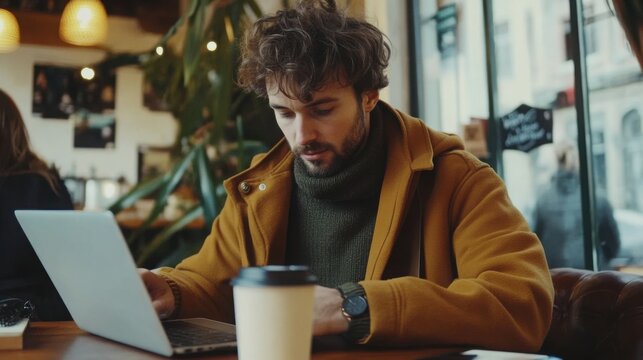 influencer in a cozy cafe editing photos on a laptop, smartphone and coffee nearby