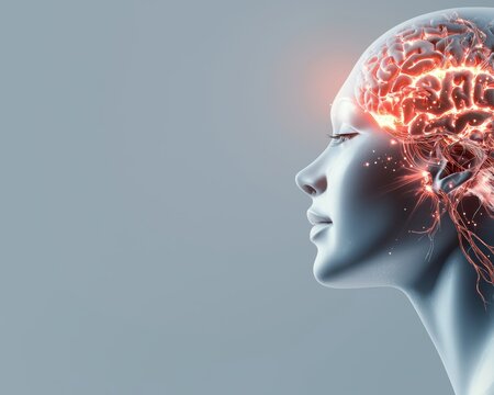 A futuristic side profile of a human, with the brain glowing brightly and nerves extending outward like electrical circuits.