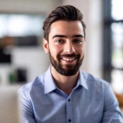 Obraz premium close up portrait of smiling young handsome businessman with beard in modern office indoors. business man with beard.