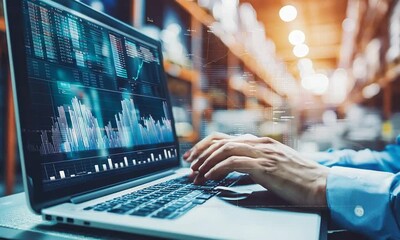 Manager analyzing stock market data on a laptop while working in a warehouse setting. Focused on trends and insights, blending finance with an industrial atmosphere - Powered by Adobe