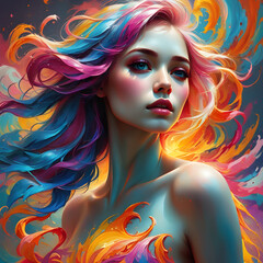Fototapeta premium Una mujer con cabello colorido, que está junto a un bello fondo de nubes coloridas
