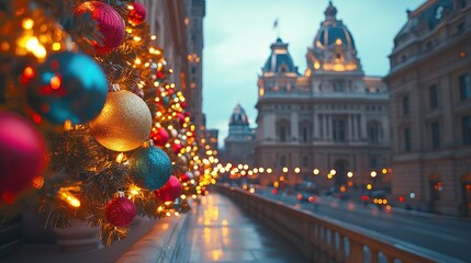 Obraz premium Festive Christmas street scene with ornaments and city hall.