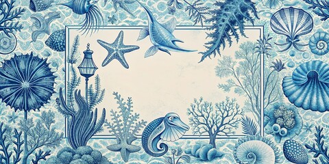 Elegant vintage French blue toile invitation card, perfect for nautical occasions. Celebrate with style and charm at your favorite gatherings and events by the sea.