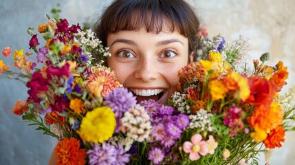 Excited woman with bright eyes holding a huge bouquet of mixed flowers generative ai