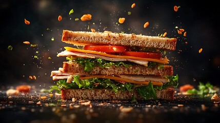 Fototapeta premium A floating sandwich in mid-motion, with layers of whole grain bread, turkey slices, cheddar cheese, lettuce, tomato, and mayonnaise suspended, bright colors, soft cinematic lighting,