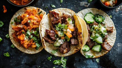 Three Tacos with Various Toppings Including Kimchi, Cucumber, and Beef