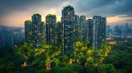 Fototapeta premium Green Rooftop Towers Cityscape Evening Illumination
