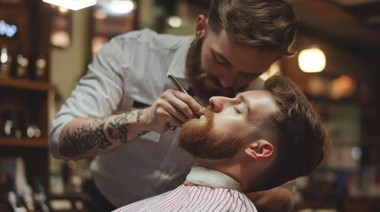 Intricate beard grooming by skilled barber in a shop