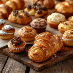 Fototapeta premium Assorted pastries and muffins displayed on a rustic wooden table