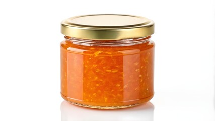  Glass Jar of Orange Marmalade with Gold Lid, Jar of Marmalade on White Background  
