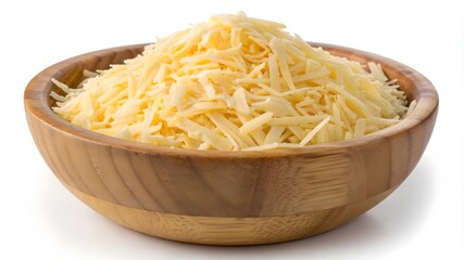 Grated Cheese in Wooden Bowl, Freshly Grated Cheese in Wooden Bowl  