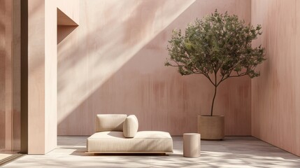 A minimalist outdoor patio with pastel furniture and a single potted plant