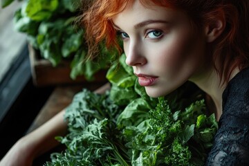 Fototapeta premium A woman with bright red hair is holding a bundle of fresh green vegetables