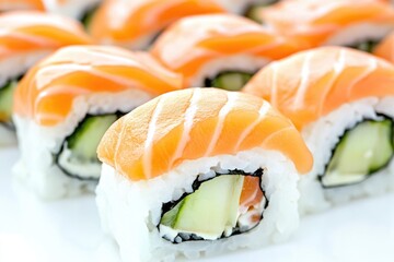 Fresh sushi rolls filled with cucumber and salmon, ready for serving