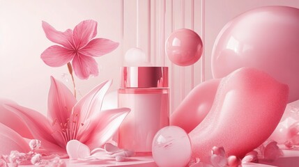 Playful pink-themed beauty product with abstract decor.