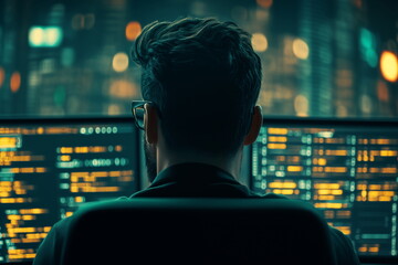 Man working on programming code at dark computer workstation with glowing screens and data visualizations in background