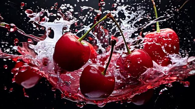 Cherry in splashes of water on a black background