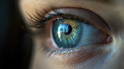 A close-up shot of a person's blue eye, ideal for use in editorial or commercial contexts where a unique and striking visual is needed