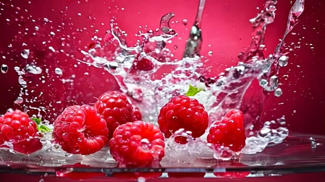 Raspberry berries in a splashes of water on a pink background