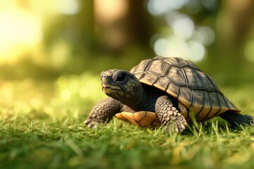 Obraz premium A small turtle sits atop a lush green field, surrounded by nature
