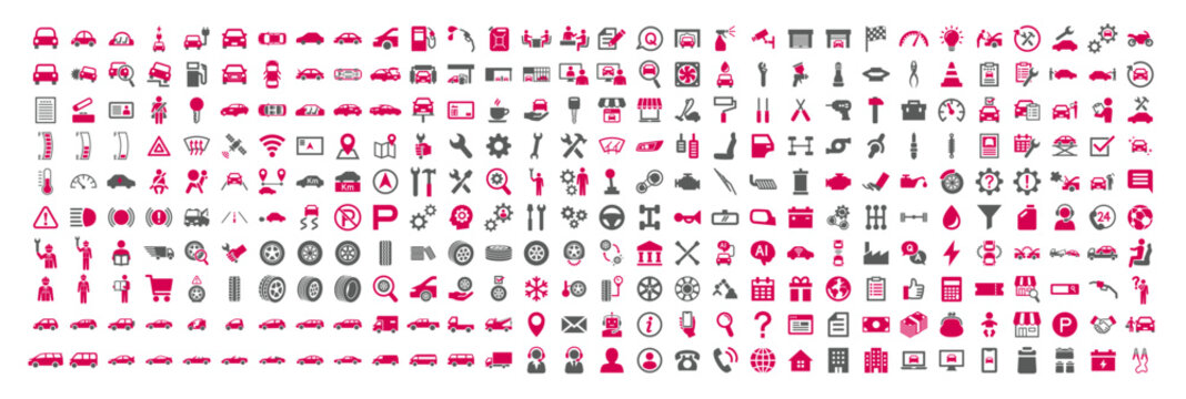 Car, garage, tool, auto service related icon set