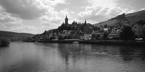 Fototapeta premium A black and white photo of a river running through a charming town