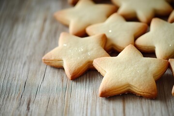 Fototapeta premium Star-shaped cookies on wooden surface with sugar sprinkles
