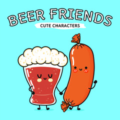 Cute, funny happy glass of beer and sausage. Vector hand drawn cartoon kawaii characters, illustration icon. Funny cartoon glass of beer and sausage mascot character concept