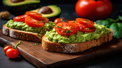 A photo of delicious toasts with avocado and fresh tomato slices. 