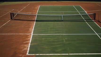 A tennis court with a green surface on one side and a red surface on the other, with a net in the middle.