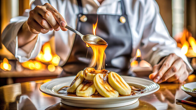 A chef flambes a dessert with a spoon, creating a fiery spectacle. The warm glow of the fireplace in the background adds to the cozy ambiance.