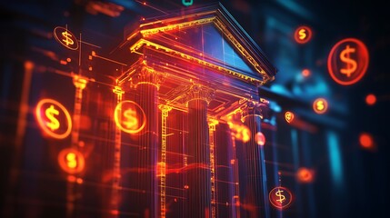 Obraz premium Abstract glowing financial network with floating digital icons