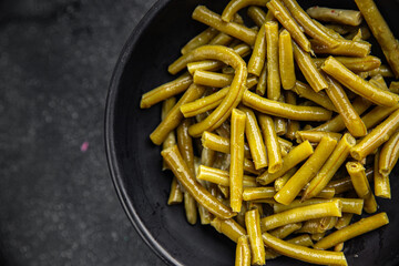 Green beans food ready to eat tasty food dish fresh delicious gourmet food background on the table rustic top view copy space top view keto and paleo diet мegetarian and vegan food