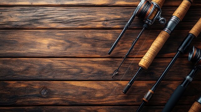 Fishing rods on rustic wooden background.