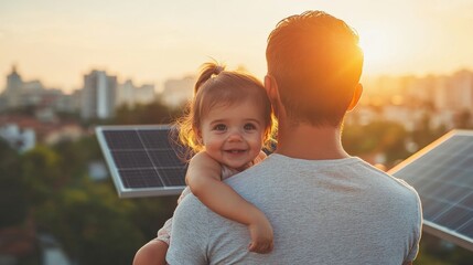 Rear view of father holding his little daughter in his arms and showing off their home with installed solar panels