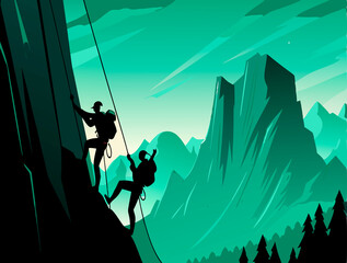 Fototapeta premium A mountain climbing scene with sharp peaks and bright climber silhouettes vector illustration art design