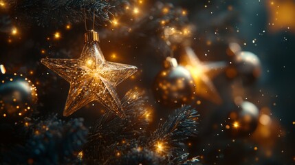 Glittering Star Ornament Adorns Christmas Tree