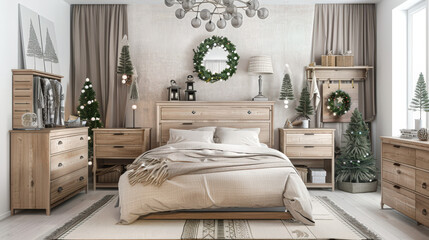 interior of bedroom with christmas tree