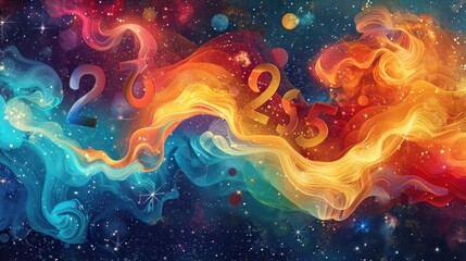 Abstract cosmic background with flowing numbers and vibrant colors.