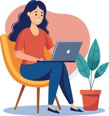a girl is using his laptop vector