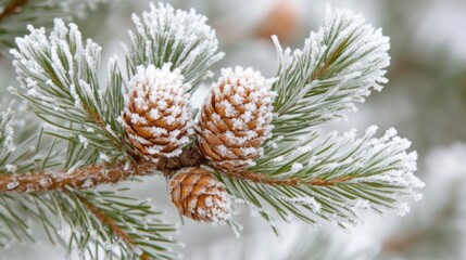 Frosty Pine Branch With Cones Winter Scene