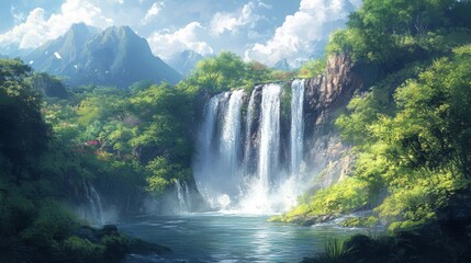 Fototapeta premium Majestic Waterfall Cascades Down Mountainside Into Lush Green Valley