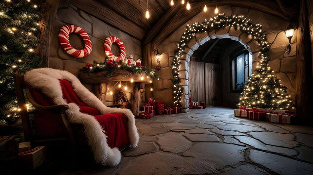 Santa&rsquo;s Grotto with Chair and Decorated Entrance