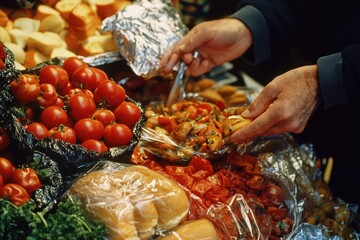 A close-up shot of a variety of fresh foods arranged on a table, perfect for use in food-related...